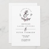 花の装飾が施されたウェディングモノグラム 招待状 (正面/裏面)