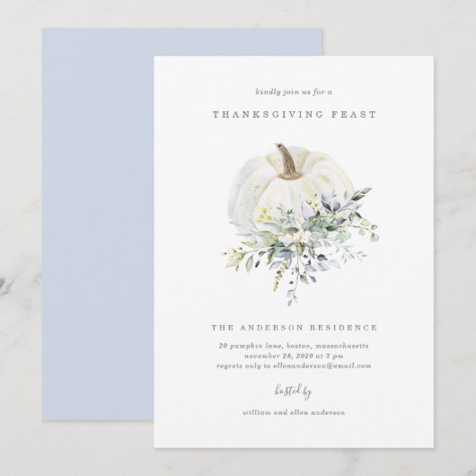 花の装飾が施されたカボチャの感謝祭の食事への招待 招待状 (正面/裏面)