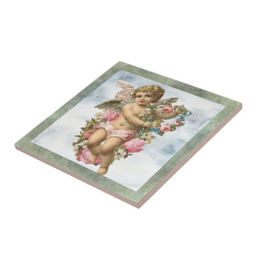 花の装飾的なタイル#2を持つヴィンテージの天使 タイル (側面)