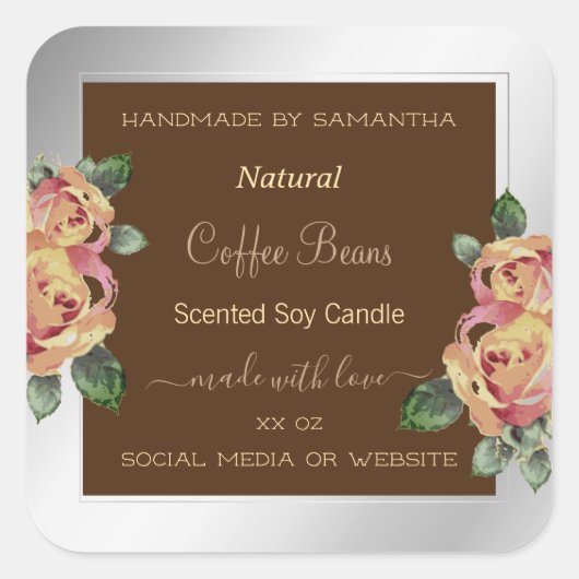 花の製品包装ラベル茶と銀 スクエアシール (正面)