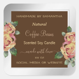 花の製品包装ラベル茶と銀 スクエアシール