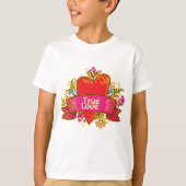 花の要素が入った真実の愛のハートリボン Tシャツ (正面)
