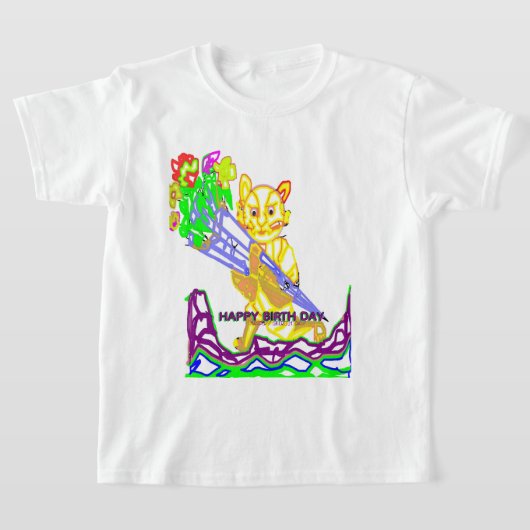 花の誕生日ねこ Tシャツ (レイダウン)