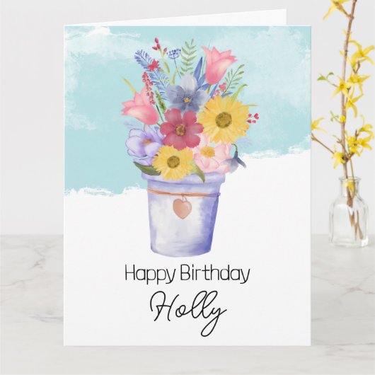 花の誕生日の挨拶でいっぱいのバケツ カード (黄色い花)