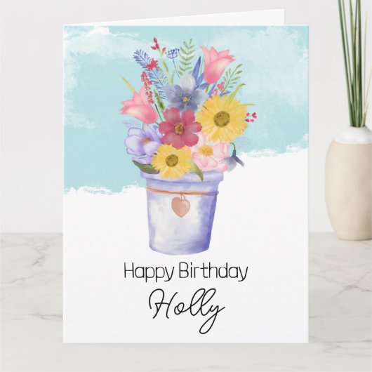 花の誕生日の挨拶でいっぱいのバケツ カード (正面)