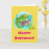 花の誕生日の緑の熱帯トカゲ カード (黄色い花)