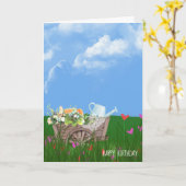 花の誕生日を持つ古い手押し車 カード (黄色い花)