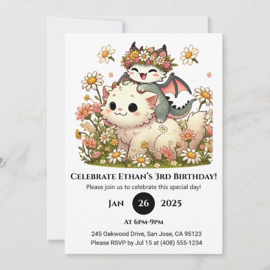 花の誕生日を祝うベビードラゴンとふわふわの猫 招待状 (正面)