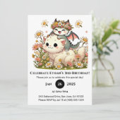 花の誕生日を祝うベビードラゴンとふわふわの猫 招待状 (スタンド正面)