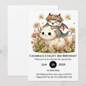 花の誕生日を祝うベビードラゴンとふわふわの猫 招待状 (正面/裏面)