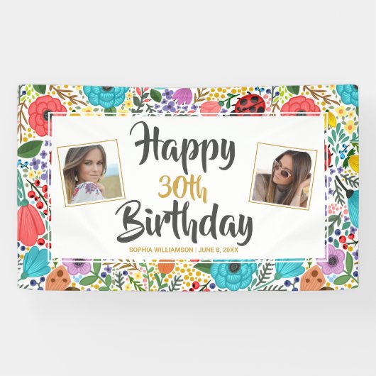 花の誕生日パーティー任意の年齢の名前のカスタム写真 横断幕 (横)