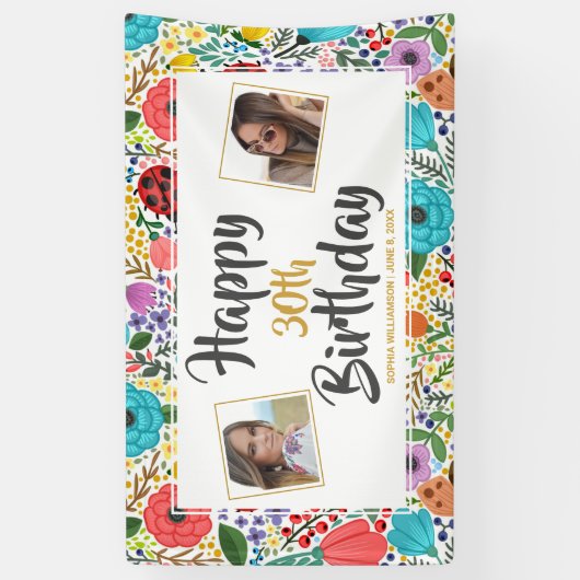 花の誕生日パーティー任意の年齢の名前のカスタム写真 横断幕 (縦)
