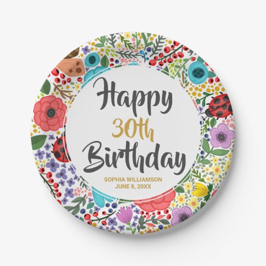 花の誕生日パーティー任意の年齢の名前の金ゴールド ペーパープレート (正面)