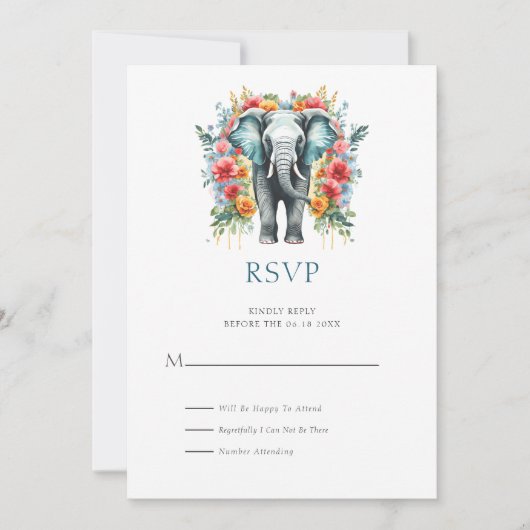 花の象の湾の青と白の出欠カード 招待状 (正面)