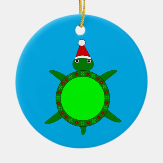 花の貝殻が飾られたかわいいクリスマスカメ セラミックオーナメント (正面)
