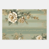 花の贈ストライプのり物とセージ緑の白い金ゴールド ラッピングペーパーシート (正面2)