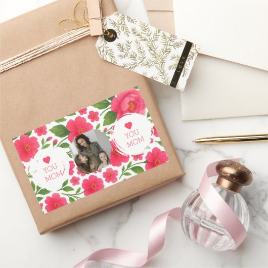 花の赤いカスタムフォトステッカー - ママが好き 長方形シール (ギフト)