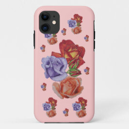 花の赤いバラおよびばら色の芽の花柄の芸術 iPhone 11 ケース