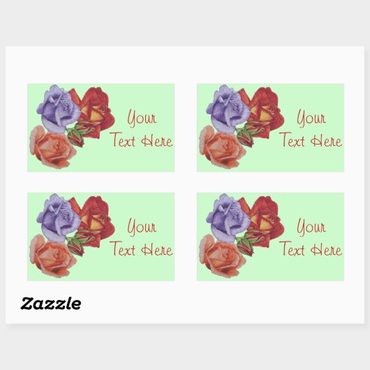 花の赤いバラとバラ芽フローラアート 長方形シール (シート)