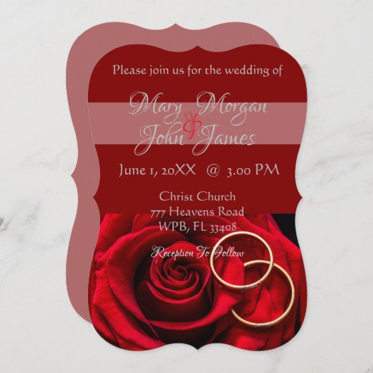 花の赤いバラと指輪のウェディング 招待状 (正面/裏面)