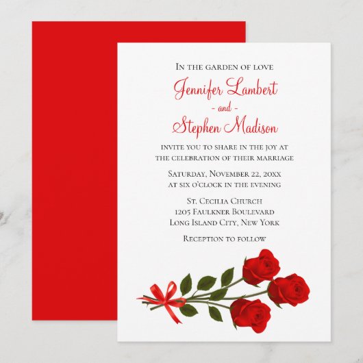 花の赤いバラの花の結婚式の招待状 招待状 (正面/裏面)