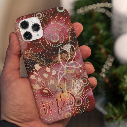 花の赤い円の金ゴールドデザイン iPhoneケース