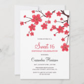 花の赤い桜のサクラ 16歳の誕生日 招待状 (正面)