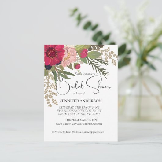 花の赤と緑のウェディングシャワーの招待状 ポストカード (スタンド正面)