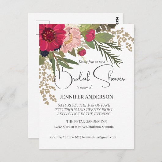 花の赤と緑のウェディングシャワーの招待状 ポストカード (正面/裏面)