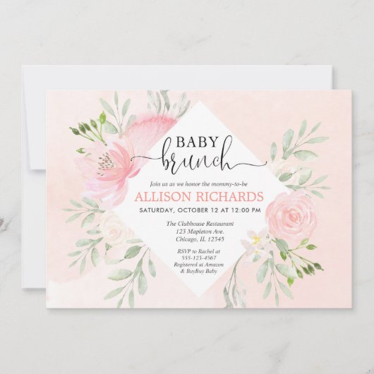 花の赤面のピンクの緑の草木の女の子のベビーのブランチのシャワー 招待状 (正面)