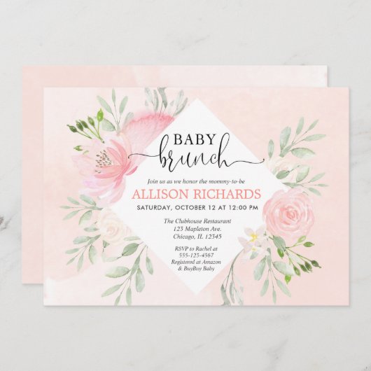 花の赤面のピンクの緑の草木の女の子のベビーのブランチのシャワー 招待状 (正面/裏面)