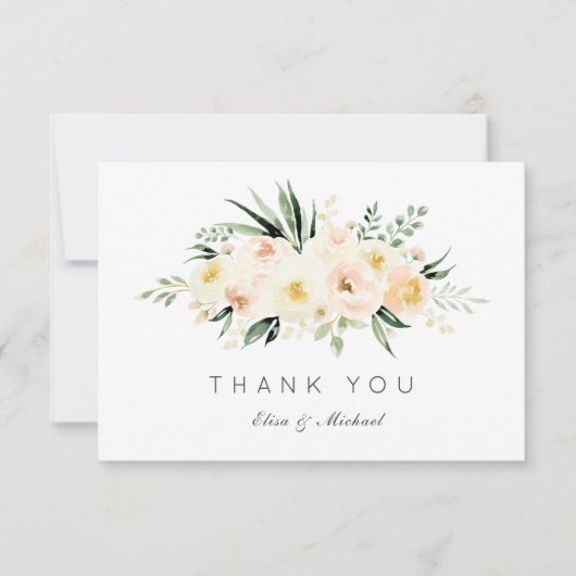 花の赤面のモモの緑の草木のミニマルなサンキューカード サンキューカード (正面)