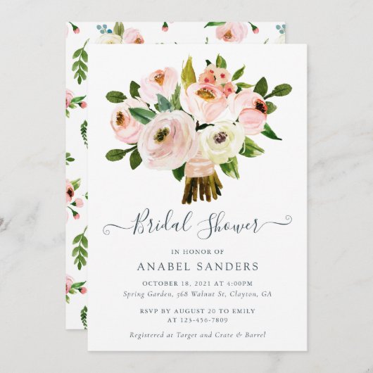 花の赤面の水彩画のシャクヤクのブライダルシャワー 招待状 (正面/裏面)