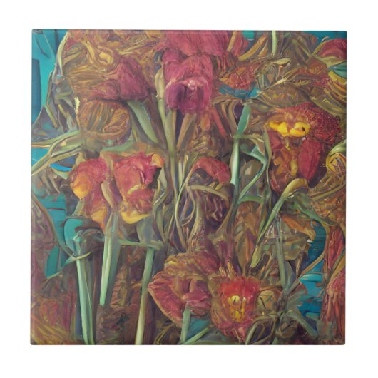 花の超本物のピンクの緑のデジタルアート タイル (正面)