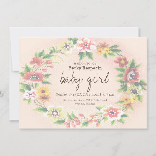 花の輪のクロスステッチ ベビーシャワーの招待状 招待状 (正面)