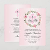 花の輪のピンクの初めての聖体拝領 女の子 招待状 (正面/裏面)
