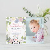 花の輪の女の子牛 1歳の誕生日写真 招待状 (スタンド正面)