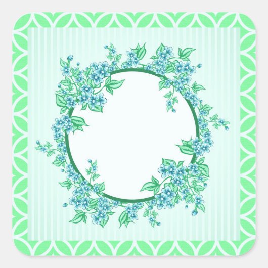 花の輪の青いミントと白の四角ステッカー スクエアシール (正面)