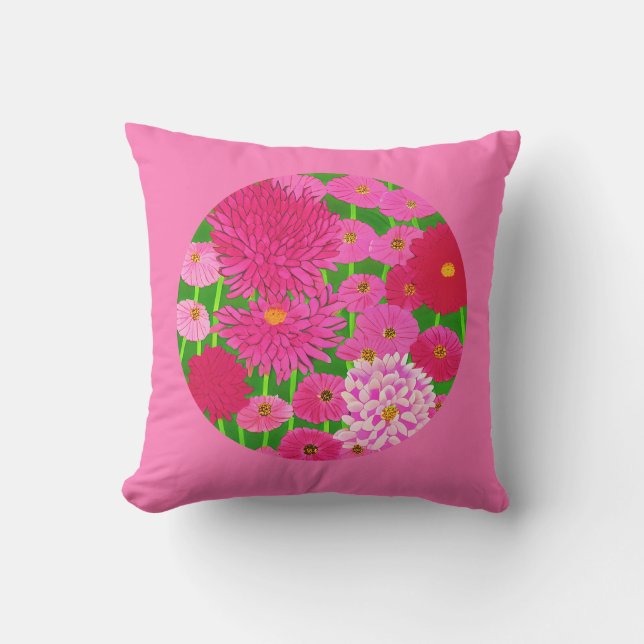 花の輪、明るい赤紫色ピンク菊 アウトドアクッション (正面)