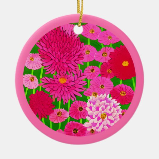 花の輪、明るい赤紫色ピンク菊 セラミックオーナメント (正面)