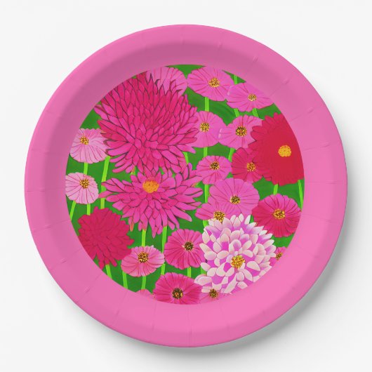 花の輪、明るい赤紫色ピンク菊 ペーパープレート (正面)