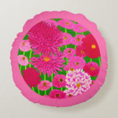 花の輪、明るい赤紫色ピンク菊 ラウンドクッション (正面)