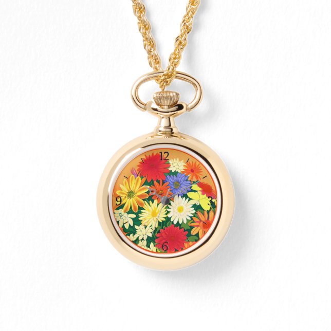 花の輪、色の付いたデイジーとアスター 腕時計 (正面)