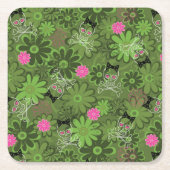 花の迷彩柄の背景のガーリーなパンクのスカル スクエアペーパーコースター (正面)