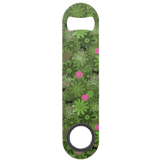 花の迷彩柄の背景のガーリーなパンクのスカル スピード栓抜き (正面)