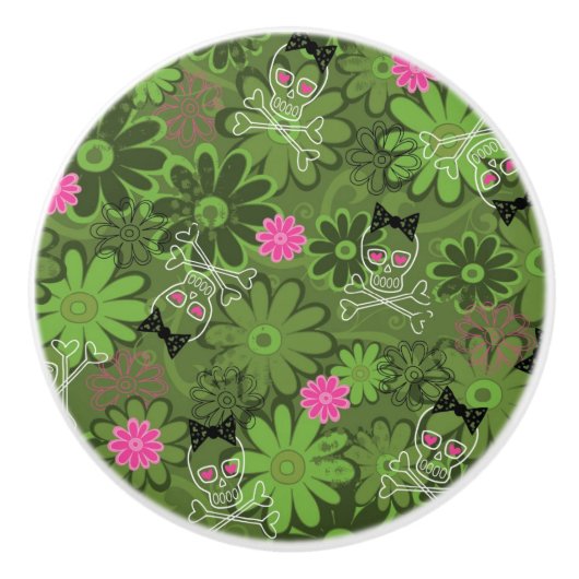 花の迷彩柄の背景のガーリーなパンクのスカル セラミックノブ (正面)