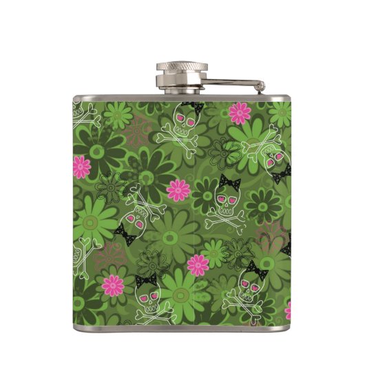 花の迷彩柄の背景のガーリーなパンクのスカル フラスク (裏面)