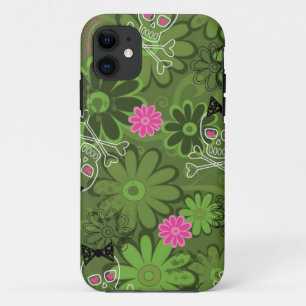 花の迷彩柄の背景のガーリーなパンクのスカル iPhone 11 ケース