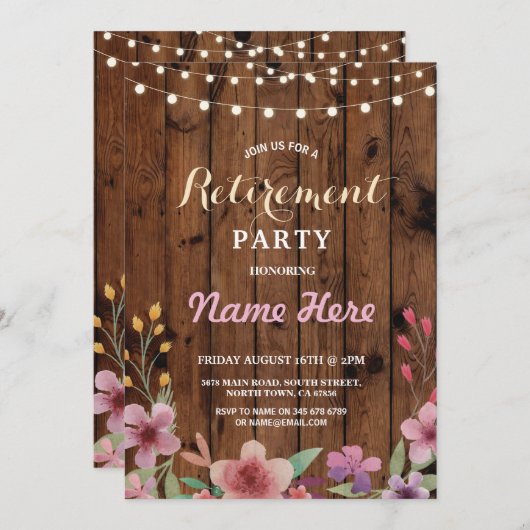花の退職パーティーの水彩画の木製の招待 招待状 (正面/裏面)