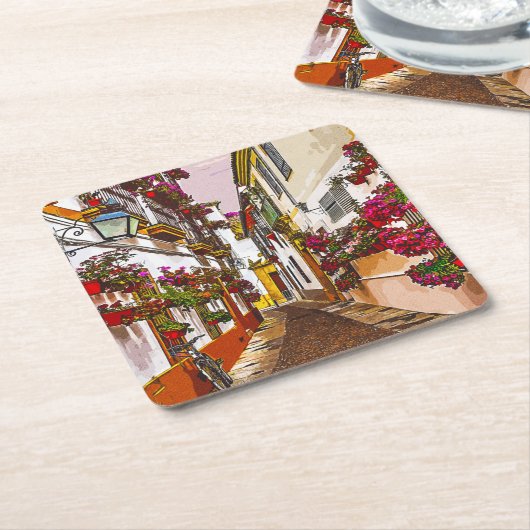 花の通り。Cordoba，アンダルシア，スペイン。 スクエアペーパーコースター (アングル)